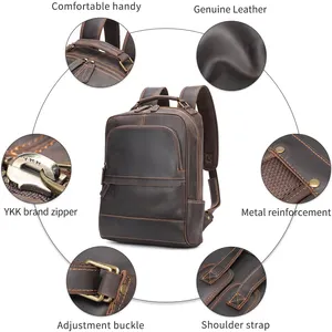 Designer Vintage Men Crazy Horse Leather Laptop Backpacks Leather Rucksack Men Genuine Leather Backpack