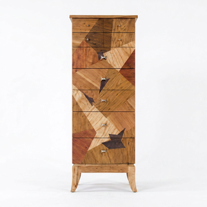 Buffet en bois massif de style mid-century modern avec incrustations géométriques, 5 tiroirs, meuble de rangement pour salon - Product Image 1