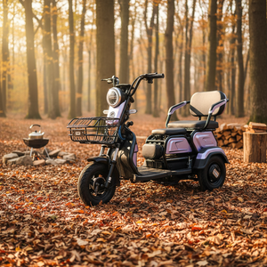 Vehículo Eléctrico de Tres Ruedas con Pedales para Adultos, Personas Mayores y Transporte Familiar, con Tres Asientos y Cestas Delanteras y Traseras - Product Image 1
