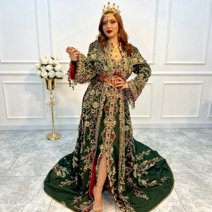 <b>Green</b> Embroidered Floor-Length Traditional Wedding Caftan Dress Women Loose Fit Silk Ethnic Indian Pakistani Style - Product Image 1