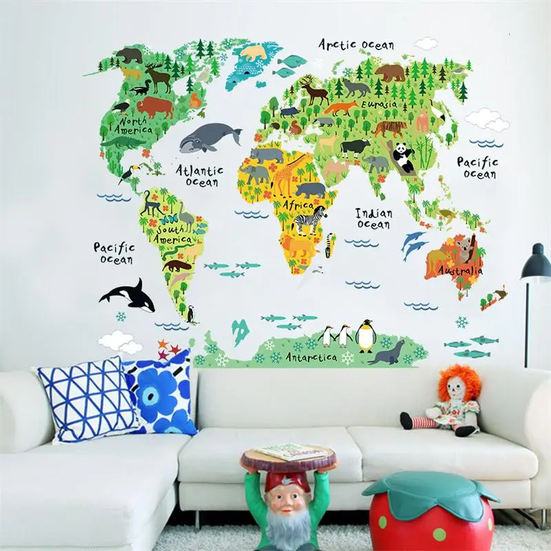 Cartoon Tiere Weltkarte Wanda uf kleber Kreative Kinderzimmer Tapete Abnehmbare PVC Kinder Wohnzimmer Wandbild