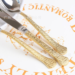 Juego de Cubiertos Occidentales de Acero Inoxidable 304, Cuchillo, Tenedor y Cuchara con Acabado Dorado Martillado, Estilo Retro de Lujo para Hotel, Boda, Restaurante - Product Image 6