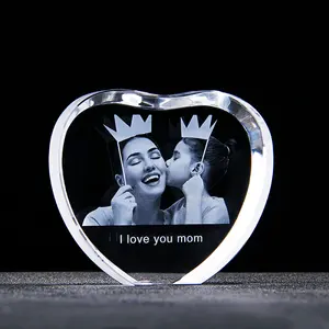 Customized Led Base Glass Photo Frame 3d Engraving Heart Shape Glass Frame