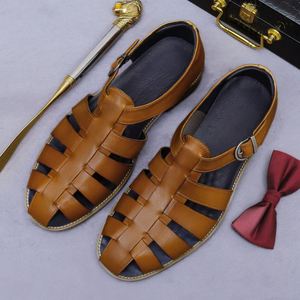 Sandalias de Hombre de Cuero Genuino Marrón con Punta Abierta y Correa con Hebilla, Transpirables, para Vestir en Verano - Product Image 3