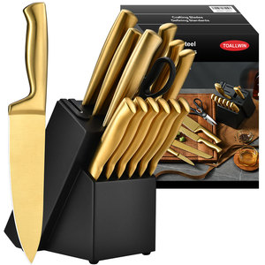 <strong>Knife</strong> <strong>Sets</strong>, Golden Titanium Stainless Steel Kitchen <strong>Knife</strong> Block <strong>Sets</strong> with Built-in Sharpener,Razor <strong>Sharp</strong> Chef <strong>Knife</strong> <strong>Set</strong> - Product Image 1