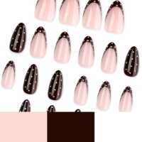 Kuku Palsu French Press Warna Cokelat Nude Almond Polka Dot Nail Art Glossy untuk Sehari-hari Kantor, Tip Manikur Minimalis 4540