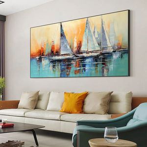 <span class=keywords><strong>Peinture</strong></span> de bateau à voile au coucher du soleil, art mural panoramique côtier, <span class=keywords><strong>peinture</strong></span> à l'huile abstraite bleue et orange peinte à la main sur toile, art mural - Product Image 1
