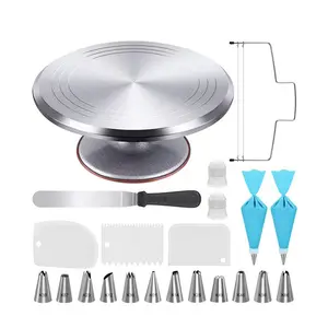 Good quality Cake Decorating Supplies Kit of 22pcs with 12 Inch Aluminum Alloy Revolving Cake Turntable