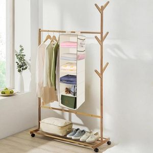 Organisateur de placard suspendu à 6 niveaux, étagère de rangement pliable avec poches en filet pour vêtements et accessoires de chambre à coucher, beige - Product Image 2