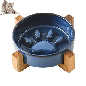 Mangkuk Makan Anjing Keramik Slow Feeder Baru, Mangkuk Keramik Hewan Peliharaan dengan Alas Kayu Anti-Selip, Mangkuk Makan Kucing Keramik Slow Feeder yang Ditinggikan - Product Image 1