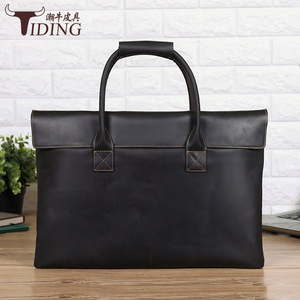 Tiding Genuine Leather Business <b>Briefcase</b> 15.6 Inch Laptop Bag Men Durable Solid Color Dark Brown - Product Image 1