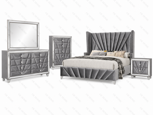 Modern Tufted King <b>Bed</b> Bedroom Furniture Set Solid Wood Dresser Mirror Nightstand Apartment Adjustable Height - Product Image 2