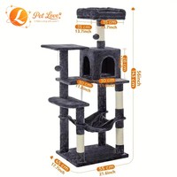 Arbre à chat moderne de luxe en bois massif, avec condo en peluche gris clair, poteaux à gratter, structure d'escalade à 2 niveaux, emballage en carton
