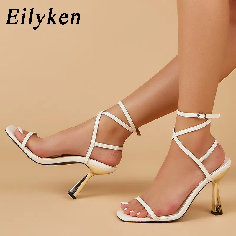 Eilyken Fashion Design Peep Toe Woman Sandals Sexy Ladies Ankle Buckle Strap High Heel Narrow Band Sandalias Shoes