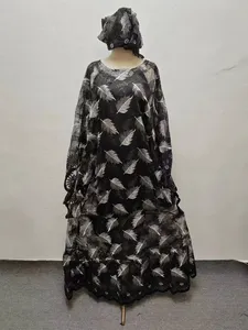 L7632 Vêtements pour femmes africaines Dashiki Abaya Robes longues de soirée élégantes et amples + Jupe intérieure et écharpe 3 tailles libres - Product Image 6