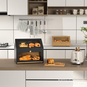 Boîte à pain en bambou, rangement de comptoir de cuisine en bois massif avec porte en verre pour conserver le pain - Product Image 2