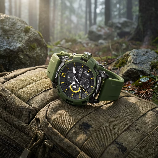 Men's Sport Chronograph Watch Green Silicone Strap Waterproof Quartz Wristwatch Tactical Style Relogio