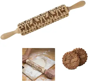 Rouleau à <span class=keywords><strong>pâtisserie</strong></span> en bois de Noël en relief gravé au laser 3D pour la fabrication de pâtes à biscuits - Product Image 1