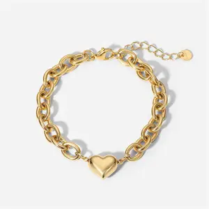SP High Quality Chunky Cuban Link Chain Bracelet Jewelry 14K Gold Plated Stainless Steel Heart Charm Bracelet For Women