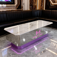 Table Basse KTV Lumineuse à Sept Couleurs Changeantes avec Porte-Cartes en Pierre, Acier Inoxydable et Plateau en Verre Trempé pour Bar