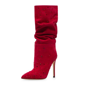 Botas de Media Pantorrilla para Mujer, con Punta en Pico, Tacón de Aguja, de Gamuza, con Pedrería Azul, Elegantes y Sexys, con Pliegues - Product Image 5