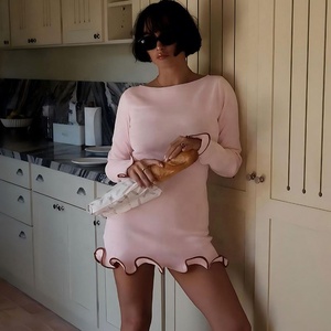 <strong>Hot</strong> Women's Autumn Long Sleeve Ruffle Wave Slim Fit Dress Sexy Tight Solid Color Knit Short Dress - Product Image 3