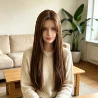 Perruque brune lisse, fabriquée en fibres haute température, avec un design crocheté à la main, idéale pour un usage quotidien décontracté.