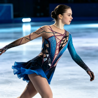 Robe de patinage artistique bleu roi avec strass, maille transparente, manches longues, dos en V profond, jupe, costume de compétition de danse sur glace
