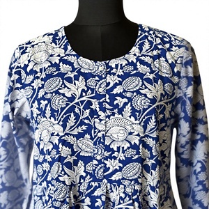 Blue Floral Bohemian Mini <b>Kimono</b> <b>Jacket</b> Women's Long Sleeve Layering Shrug 100% Cotton - Product Image 1