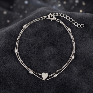 Bracelet de <span class=keywords><strong>cheville</strong></span> réglable à double chaîne superposée avec cœurs et perles, ton <span class=keywords><strong>or</strong></span> et argent, en cuivre et fer, bijoux de plage et de mariage - Product Image 5