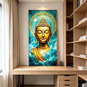 Wholesale <b>Framed</b> Glitter Wall Art Golden Buddha Head Teal Cloud Zen Religious HD Print Crystal Porcelain Painting for Home Decor - Product Image 4