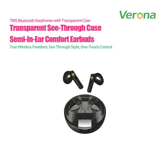 Transparent Case Wireless Earbuds Semi-In-Ear TWS USB-C Charging IPX-4 Waterproof 10-15 Hours Battery Life Touch Screen No Calls