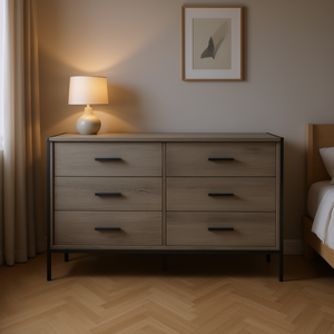 Cómoda de Madera Maciza con 6 Cajones, 48 Pulgadas, Color Gris Rústico, Estructura de Acero, Mueble de Almacenamiento para Sala de Estar o Dormitorio - Product Image 2