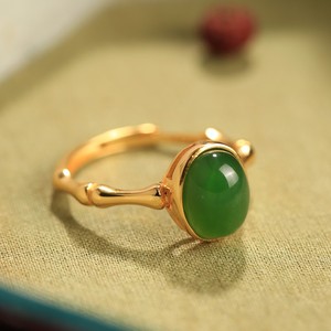 Artificial Hetian Jade Cabochon Gold Plated Bamboo Ring Women Chinese Style Adjustable Index Finger Jewelry Gift - Product Image 3