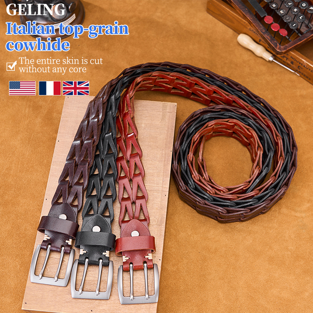 Designer Luxury Men Braided Leather Belt Top Grain Cowhide Hollow Craft Durable Vintage Casual Pants Jeans Custom Logo
