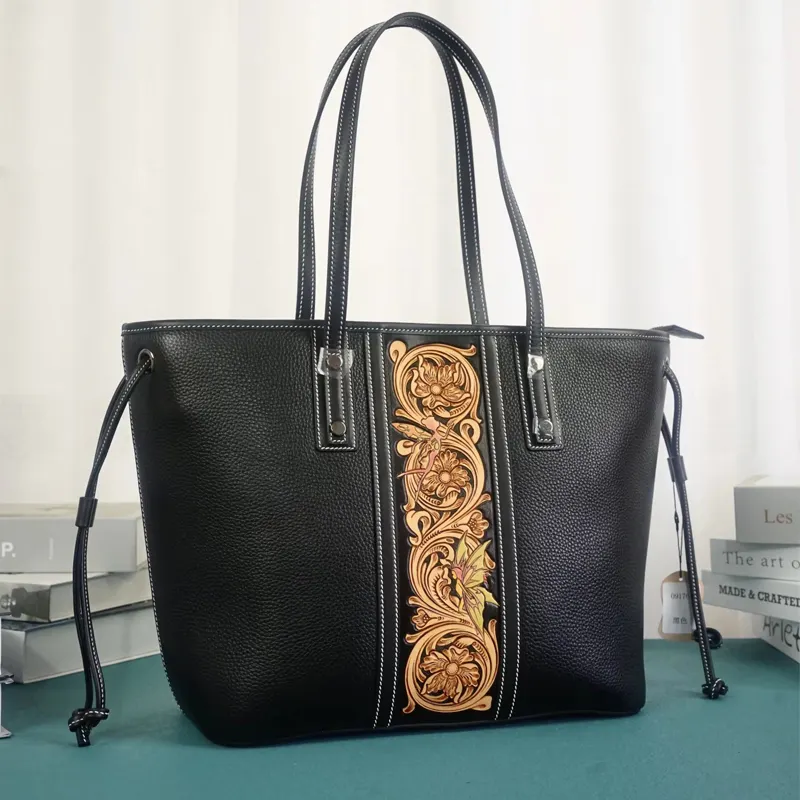 New Collection Designer Luxury Large Capacity Handbags For Women Cowhide Leather Fashion Black Tote Bags With Pocket And Zipper