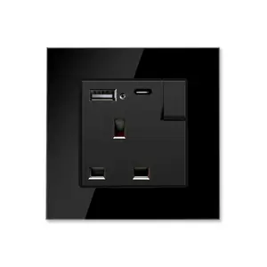 Black Glass UK 3 pin 13A socket with Type C USB charge port 5V 2100mA British Wall Switch factory price