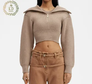 KD Knitwear Manufacture Custom OEM ODM Interior Round Neck Cropped Zipped Knit 100% Merino Wool Double Collar Women Sweater