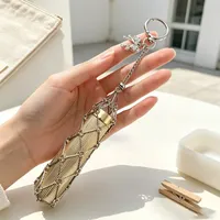 Pendentif porte-rouge à lèvres en acier inoxydable argenté avec boucle ronde, style mode coréenne, pour fille, avec pochette en maille, mignon, porte-clés de sac, breloque, cadeau