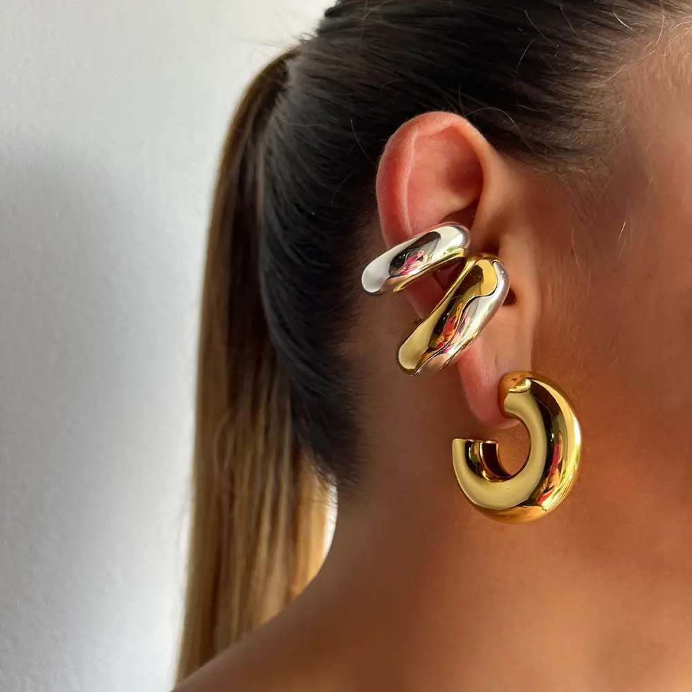 Ins trendy waterproof earring jewelry chunky gold hoops stainless steel jewelry earrings bold non pierced clip on earrings
