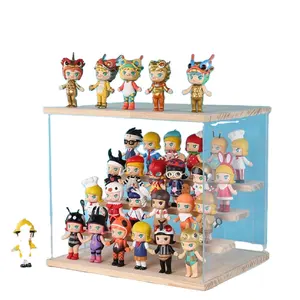 Stackable Transparent Customizable Acrylic Toy Figure Display Cases,Wooden Base with LED Models Storage Stands Display Box