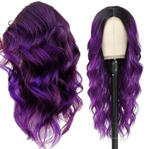 วิกผมยาวหยิกไล่เฉดสีม่วง 26 นิ้ว วิกผมสังเคราะห์ลอนน้ำ  แบบเต็มศีรษะ  เส้นผมธรรมชาติ  ใยคาเนคาลอน วิกผมผู้หญิง - Product Image 4