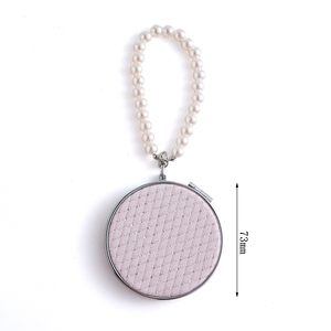 Miroir compact pliable rond recouvert de tissu rose avec chaîne en fausses perles, mini miroir de maquillage portable de poche, logo personnalisé - Product Image 2