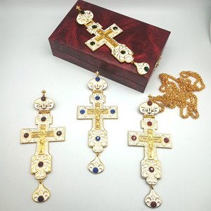 Cruz Pectoral rusa, esmalte blanco de marfil chapado en oro con piedras de cristal de aleación, Iglesia Griega y coreana - Product Image 3