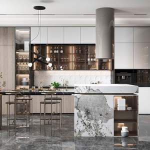 Meubles de cuisine modernes en acrylique beige, ensemble complet de petits meubles, unité de cuisine mobile en PVC, MDF, laque PU, évier - Product Image 1