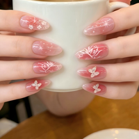 Faux ongles 3D en relief dégradé rose en ABS, amovibles, à presser, décorés de fleurs, papillons et strass, style français