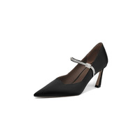 Escarpins formels pour femmes en satin, à bout pointu, talons fins, avec bride à boucle et strass, doublure en cuir véritable, hauteur