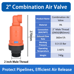 Válvula de aire combinada DN50 de 2 pulgadas, válvula de alivio de vacío y liberación continua de doble acción AV0150 - Product Image 2