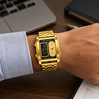 Reloj Electrónico Deportivo de Lujo, Cuadrado, Luminoso, de Cuarzo Analógico-Digital, con Doble Movimiento y Doble Pantalla, Correa de Acero Inoxidable, Resistente al Agua 3BAR