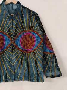 Veste en velours Suzani avec broderie oculaire et teinture nouée à la main, motif œil maléfique, pour l'hiver, style kimono - Product Image 4